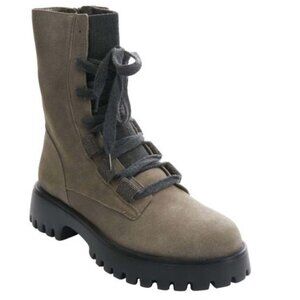 Vaneli Zabou Dark Taupe Weatherproof Suede Combat Boots Chain Trim Lug Sole
